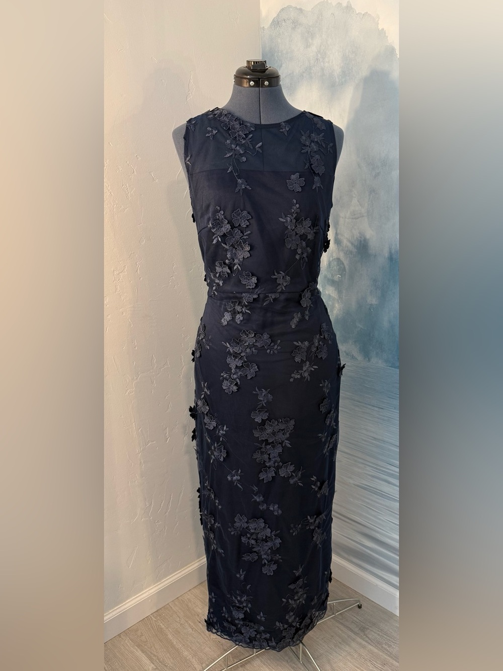 Navy Sleeveless Midi Dress with Floral Appliqué#379